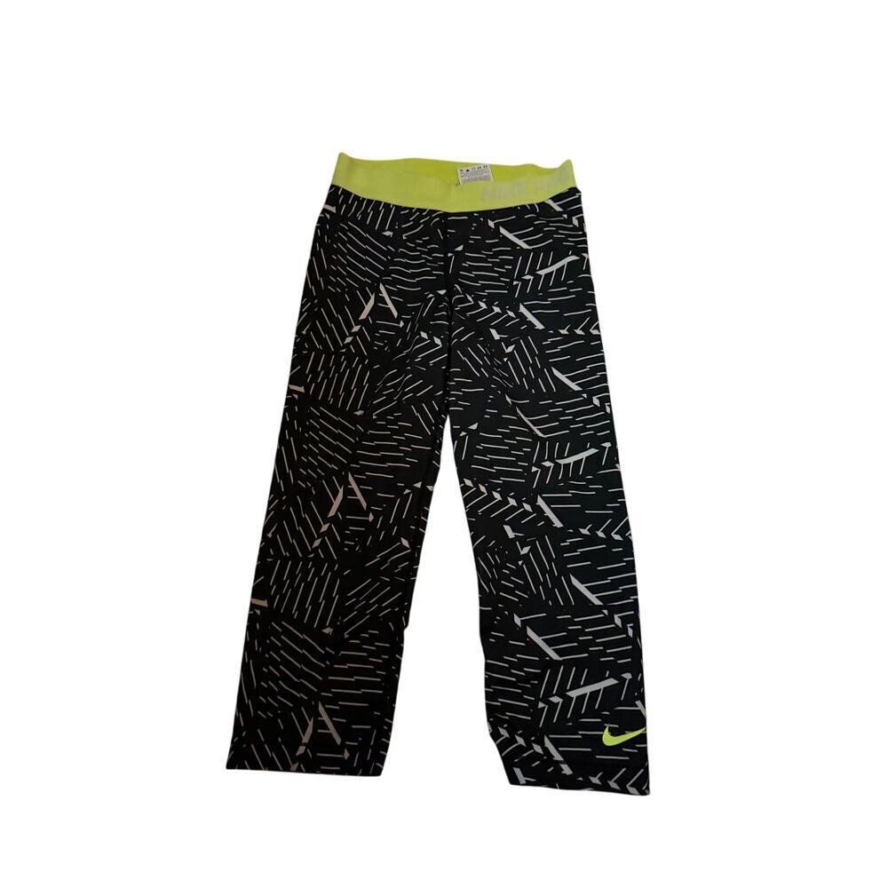 EUC Nike black white striped capris w yellow waist activewear gym workout sz S